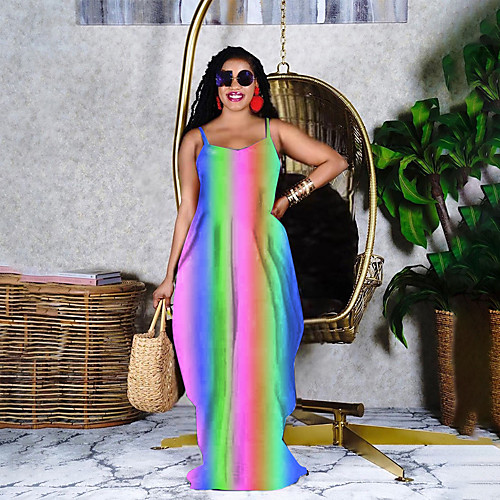 

Women's Strap Dress Maxi long Dress Rainbow colors 1 Sleeveless Stripes Spring Summer Casual / Daily Loose 2021 S M L XL XXL