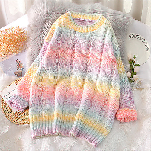 

Women's Multi Color Stripes Pullover Long Sleeve Sweater Cardigans Round Neck Pink Tmall quality Cardigan pink Blue purple Tmall quality