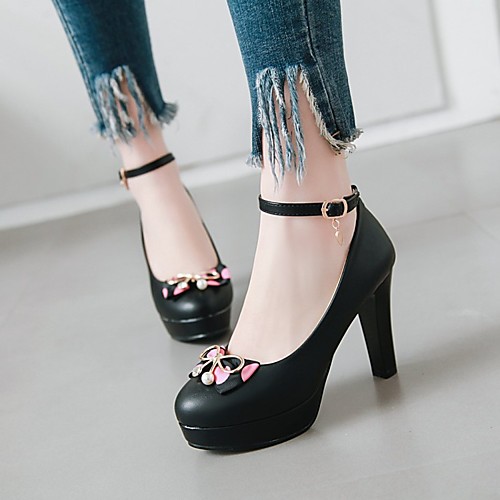 

Women's Heels Round Toe PU Synthetics White Black Pink