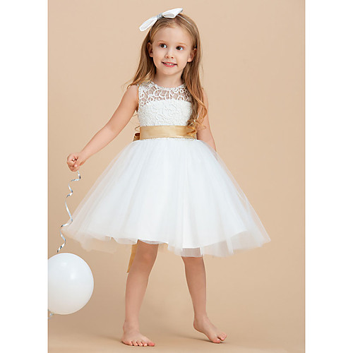 

A-Line Knee Length Flower Girl Dresses Party Tulle Sleeveless Jewel Neck with Appliques
