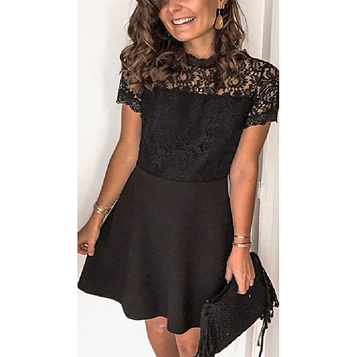 

2021 summer skirt short short skirt temperament solid color mid-waist black lace short-sleeved princess dress dress