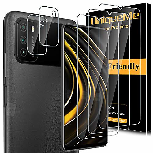

[3 2 pack] unqiueme 3 pack protective film compatible with xiaomi poco m3 and 2 pack armored glass camera protection, [maximum range] [bubble-free] screen protector hd clear film tempered glass
