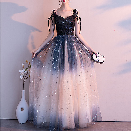 

A-Line Glittering Gradient Wedding Guest Formal Evening Dress Spaghetti Strap Sleeveless Floor Length Tulle with Sequin 2021