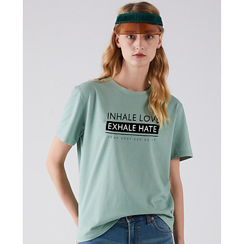 

Women's T shirt Letter Print Round Neck Basic Tops Black Khaki Green
