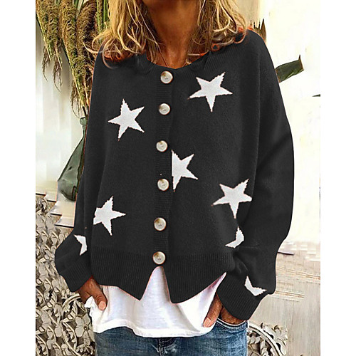 

Women's Stylish Button Geometric Cardigan Sweater Long Sleeve Sweater Cardigans Crew Neck Fall Winter Blue Black Orange