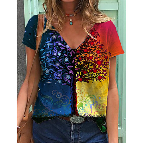 

Women's Abstract Painting T shirt Graphic Color Block Print V Neck Basic Tops Blue Purple Red