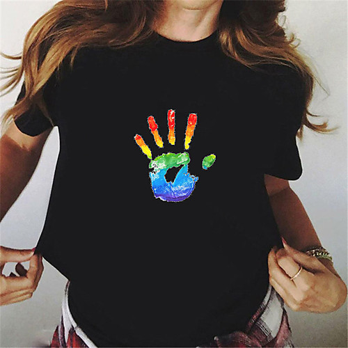 

Women's Painting T shirt Rainbow Graphic Print Round Neck Basic LGBT Pride Tops White Black