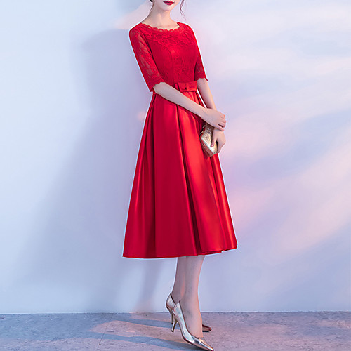 

A-Line Minimalist Elegant Party Wear Cocktail Party Dress Jewel Neck Half Sleeve Tea Length Satin with Bow(s) Pleats Embroidery 2021