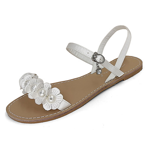 

Women's Wedding Shoes Flat Heel Open Toe Wedding Flats Wedding Beach Satin Imitation Pearl Flower Solid Colored White