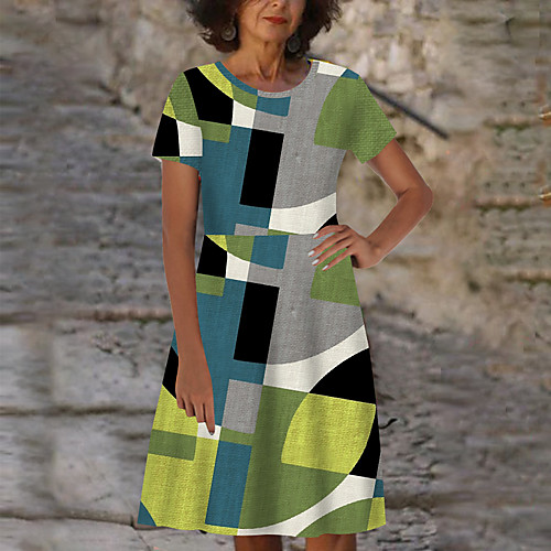 

Women's A Line Dress Knee Length Dress Light Green Short Sleeve Geometric Print Summer Round Neck Casual 2021 S M L XL XXL 3XL