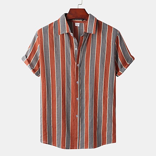

Men's Shirt Striped Button-Down Short Sleeve Street Tops Cotton Casual Hawaiian Comfortable Wine