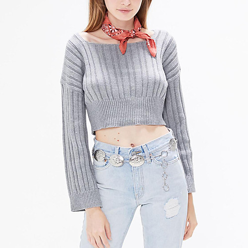 

Women's Solid Color Sweater Long Sleeve Sweater Cardigans Round Neck Gray