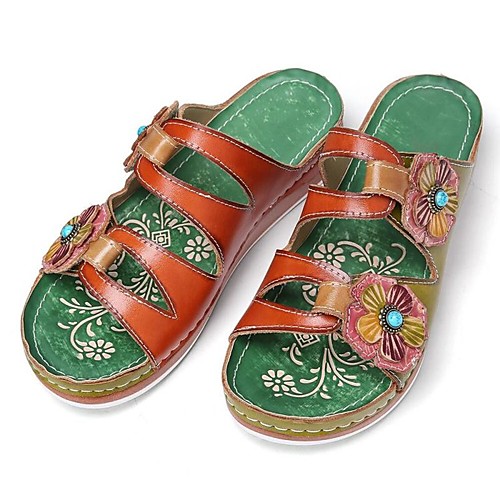 

Women's Sandals Comfort Shoes Wedge Heel Round Toe PU Floral Color Block Light Green