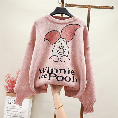 

Women's Cartoon Pattern Pullover Cotton Long Sleeve Sweater Cardigans Round Neck Lake blue Blushing Pink