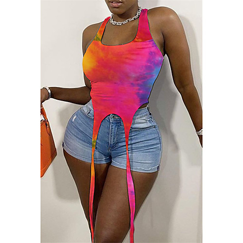 

Women's Casual U Neck Sporty Look Red Bodysuit Tie Dye