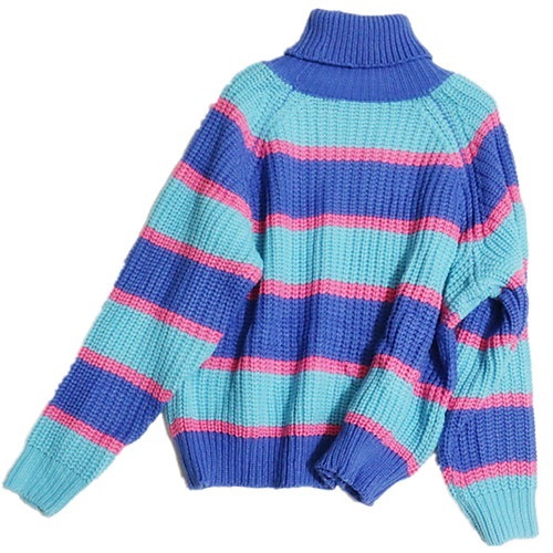 

Women's Stripes Sweater Long Sleeve Sweater Cardigans High Neck blue strips
