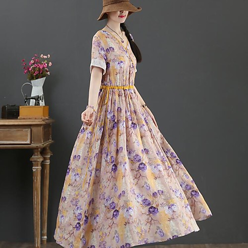 

Women's Swing Dress Maxi long Dress Purple Short Sleeve Print Spring Summer Casual Loose 2021 M L XL XXL