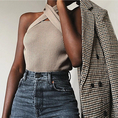 

Women's Solid Color Vest Sleeveless Sweater Cardigans Straped khaki