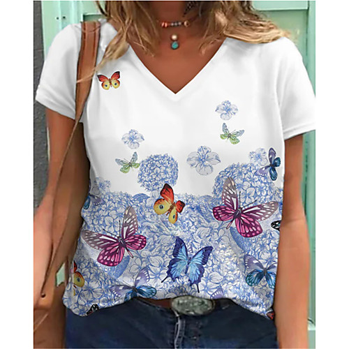 

Women's T shirt Butterfly Flower V Neck Basic Tops White