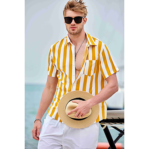 

Men's Shirt Other Prints Striped Button-Down Print Short Sleeve Daily Tops Casual Yellow / Summer