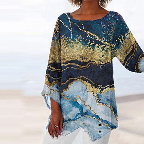 

Women's Plus Size Blouse Scenery Long Sleeve Print V Neck Casual Tops Blue Purple Green