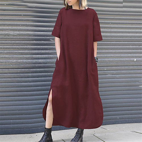 

Women's Shift Dress Maxi long Dress Blue Wine Green Black Beige Half Sleeve Solid Color Split Summer Round Neck Casual Loose 2021 S M L XL XXL 3XL 4XL 5XL