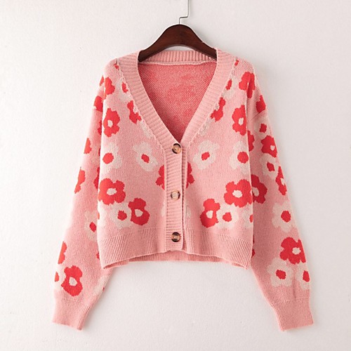 

Women's Pattern Cardigan Cotton Long Sleeve Sweater Cardigans V Neck Blue Blushing Pink Orange