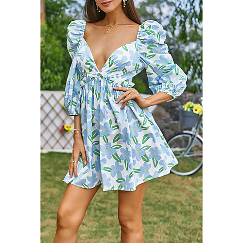 

Women's Sundress Short Mini Dress Blue 3/4 Length Sleeve Floral Print Fall Summer Boat Neck Casual Holiday 2021 XS S M L / Cotton / Cotton