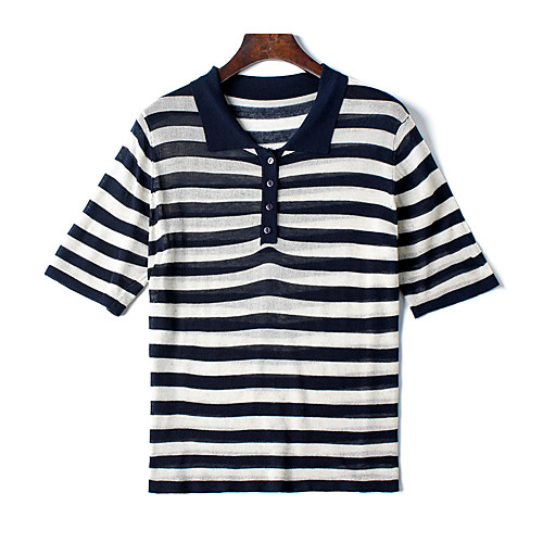 

Women's Stripes Cardigan Short Sleeve Sweater Cardigans Button Down Collar Navy collar Beige collar Orange
