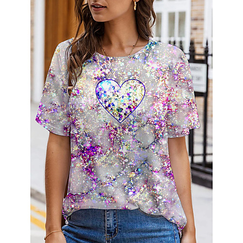 

Women's Abstract Painting T shirt Graphic Heart Print Round Neck Basic Tops Blushing Pink