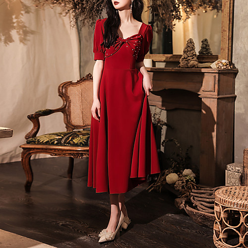 

A-Line Minimalist Elegant Party Wear Prom Dress Sweetheart Neckline Short Sleeve Tea Length Stretch Fabric with Bow(s) Beading 2021