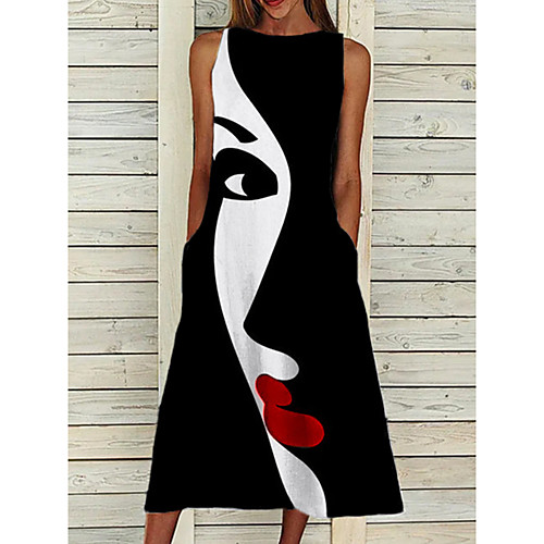 

Women's Swing Dress Midi Dress Black Sleeveless Abstract Pocket Print Spring Summer Round Neck Casual 2021 S M L XL XXL XXXL / Holiday