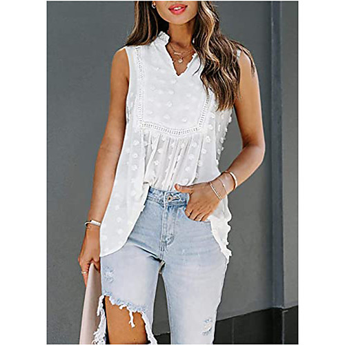 

Women's Holiday Blouse Tank Top Vest Plain Lace Patchwork Lettuce Trim V Neck Basic Streetwear Boho Tops Chiffon Blue Blushing Pink White