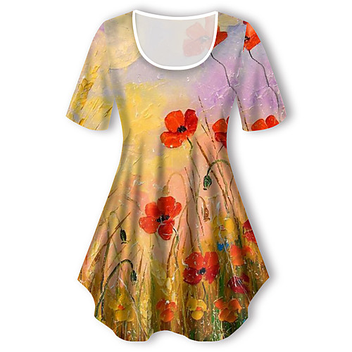 

Women's Plus Size Tops T shirt Floral Graphic Print Short Sleeve Crewneck Basic Yellow Big Size XL XXL 3XL 4XL 5XL / Holiday