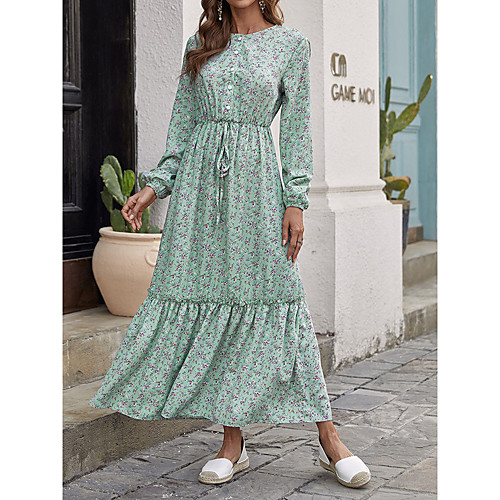 

Women's Maxi long Dress Green Long Sleeve Print Spring Summer Casual Loose 2021 S M L XL XXL