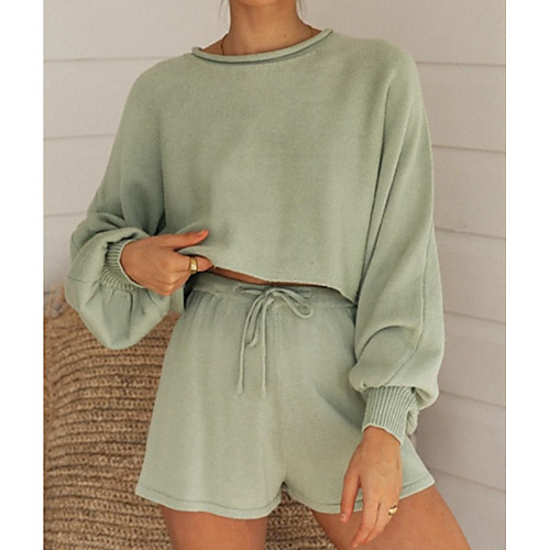 

Women's Solid Color Pullover Cotton Long Sleeve Sweater Cardigans Round Light Blue Bean Paste Green Purple