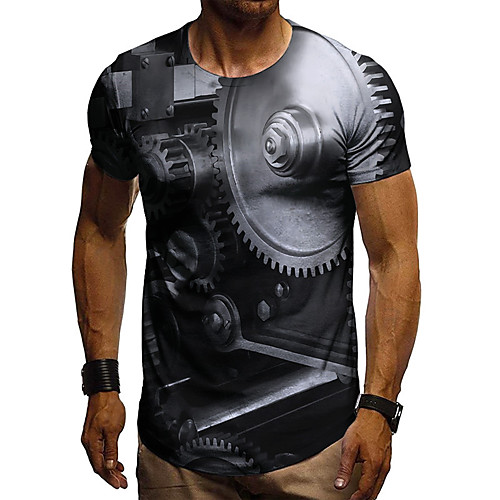 

Men's Tee T shirt Shirt 3D Print Graphic Machine Plus Size Short Sleeve Casual Tops Basic Designer Slim Fit Big and Tall Black / Gray