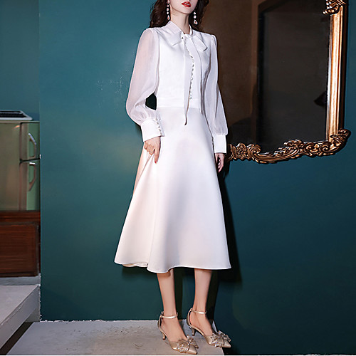 

A-Line Reformation Amante Elegant Party Wear Cocktail Party Dress Stand Collar Long Sleeve Tea Length Chiffon Satin with Sash / Ribbon 2021