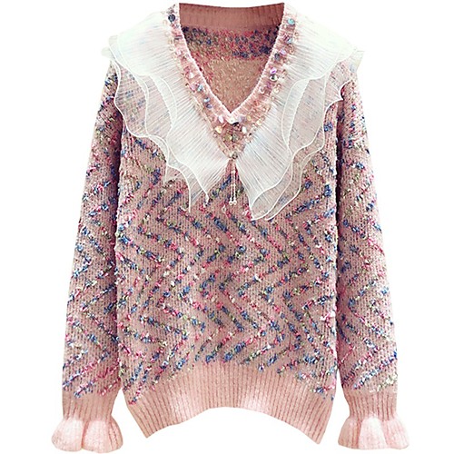 

Women's Pattern Pullover Cotton Long Sleeve Sweater Cardigans V Neck Blushing Pink