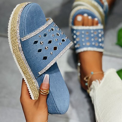 

Women's Sandals Platform Round Toe Canvas Beading Solid Colored Blue Black Dark Blue