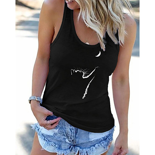 

Women's Tank Top Vest Cat Moon Animal Print U Neck Basic Streetwear Tops Black Gray