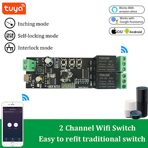 

Tuya WiFi Two Channel Wireless Smart Switch DIY Jog/Self Locking/Interlocking Relay Module for Use with Amazon Alexa Google Home
