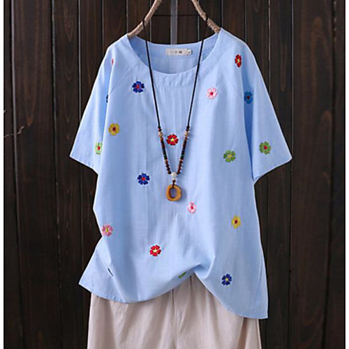 

Women's Plus Size Tops Blouse Shirt Floral Short Sleeve Round Neck Daily Spring Summer Light Blue claret Blushing Pink Big Size XL 2XL 3XL 4XL