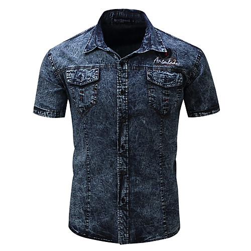 

Men's Shirt Solid Colored Button-Down Short Sleeve Casual Tops Denim Casual Fashion Breathable Comfortable Black Navy Blue