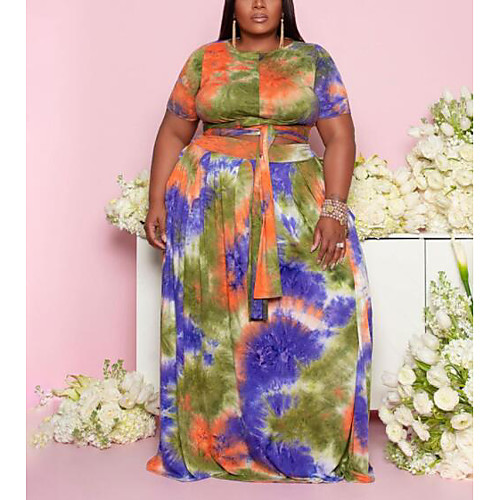 

Women's Plus Size Dress Two Piece Dress Maxi long Dress Short Sleeve Tie Dye U Neck Fashion Spring Summer Purple Yellow Black XL 2XL 3XL 4XL 5XL