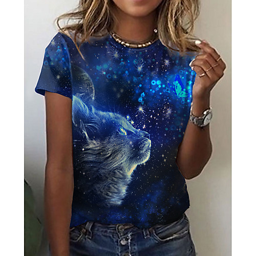 

Women's 3D Cat Painting T shirt Galaxy Cat Print Round Neck Basic Tops Blue