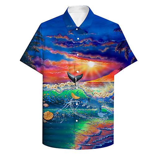 

Men's Shirt 3D Print Scenery Plus Size 3D Print Button-Down Short Sleeve Casual Tops Casual Fashion Breathable Comfortable Blue / Sports