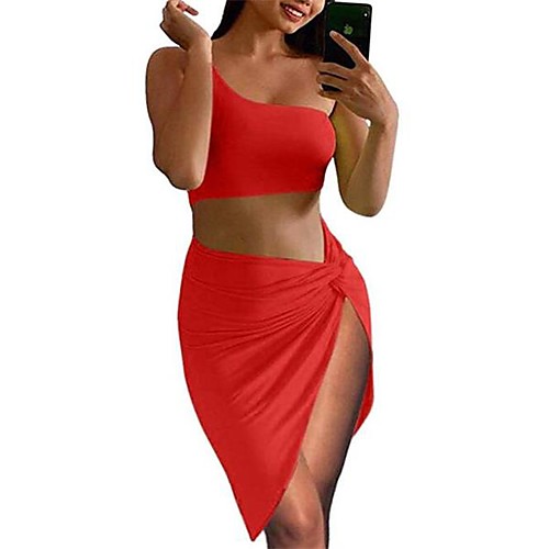 

Women's Two Piece Dress Short Mini Dress Yellow Rainbow White Black Red Sleeveless Solid Color Backless Split Summer One Shoulder Elegant Casual Sexy Party Holiday Club 2021 S M L XL / Beach
