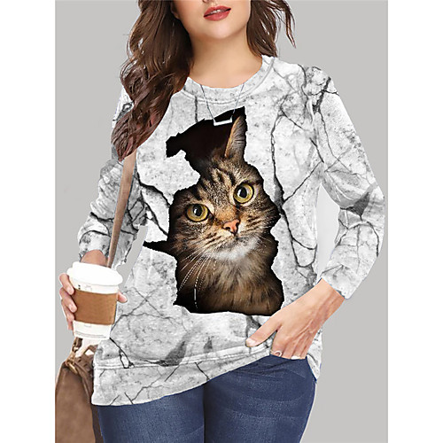 

Women's Plus Size Tops Pullover Sweatshirt Cat Graphic Animal Print Long Sleeve Crewneck Basic Fall Summer White Black Big Size XL XXL 3XL 4XL 5XL
