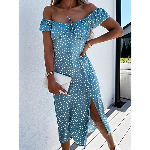 

Women's Sheath Dress Maxi long Dress Light Blue Blue Blushing Pink Short Sleeve Round Dots Summer Casual 2021 S M L XL 2XL